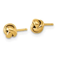 A pair of yellow gold knot stud earrings with posts and backs, shown against a white background.