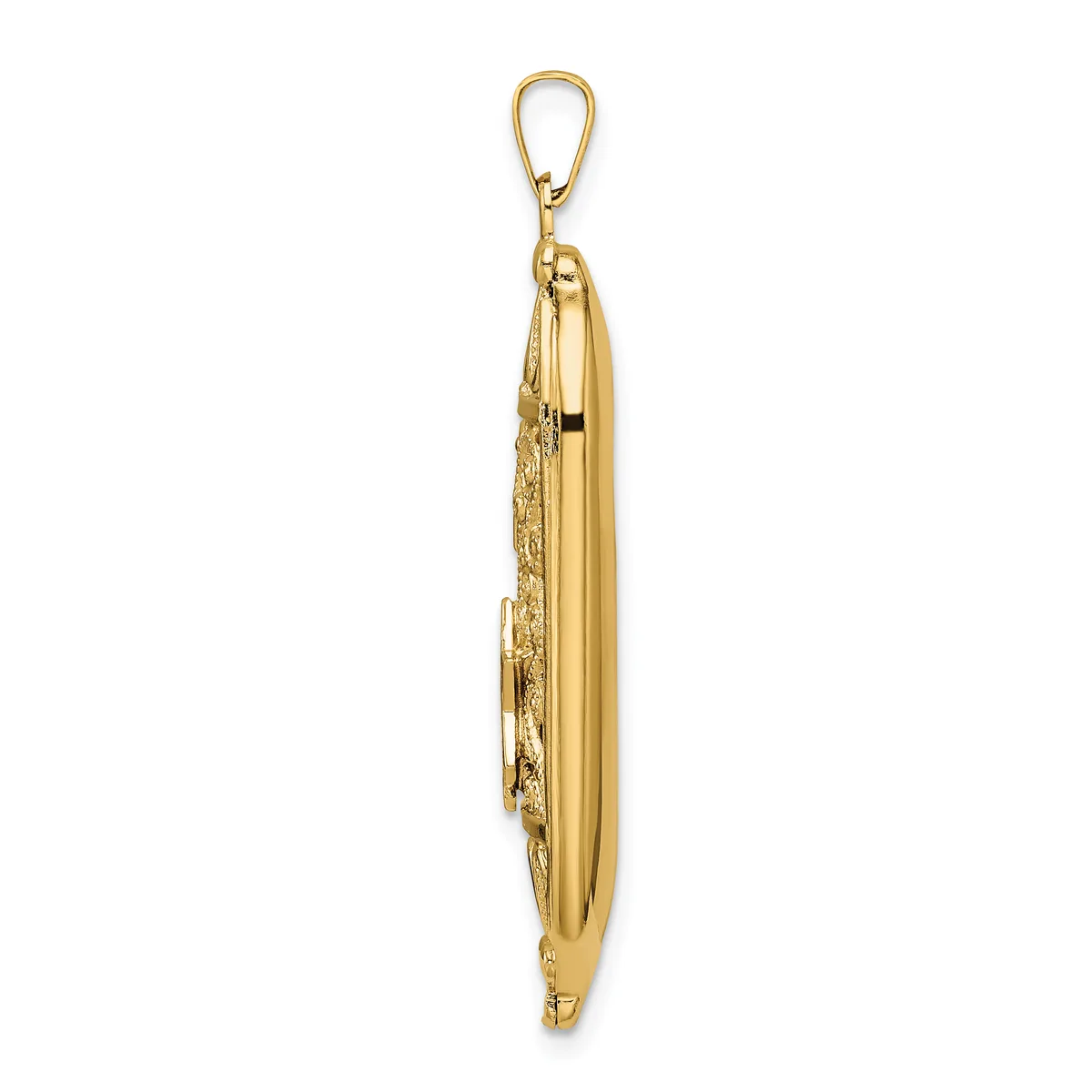 Gold-toned elongated oval pendant with textured surface detail and a looped bail attachment at the top, shown against a white background.