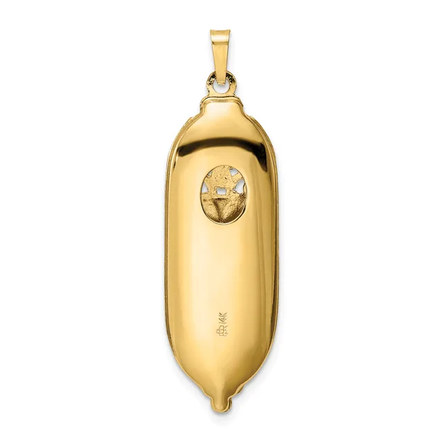 A gold pendant shaped like a peanut with a polished finish and an oval stone or inlay set into the upper surface, hanging from a bail loop.