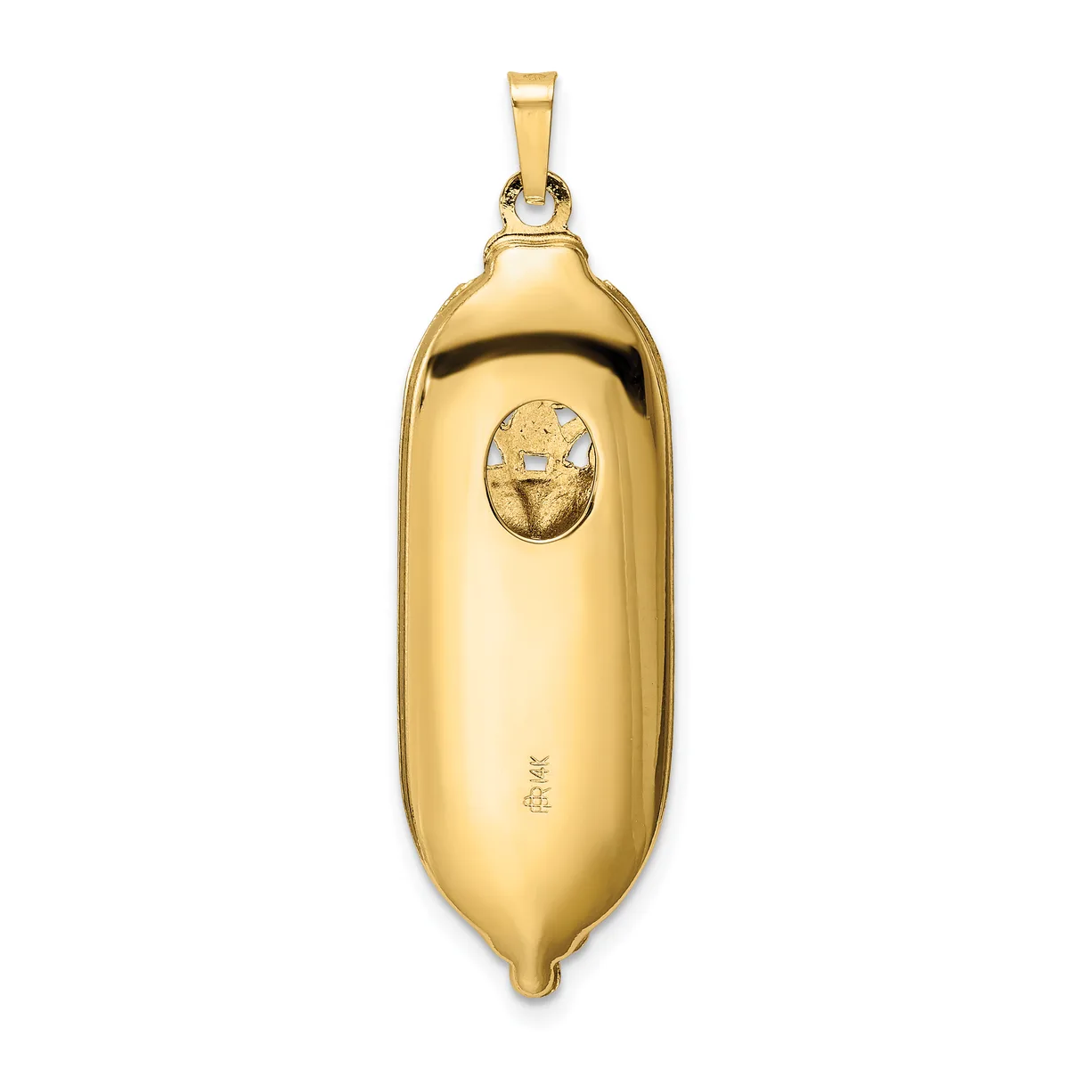 A gold pendant shaped like a peanut with a polished finish and an oval stone or inlay set into the upper surface, hanging from a bail loop.