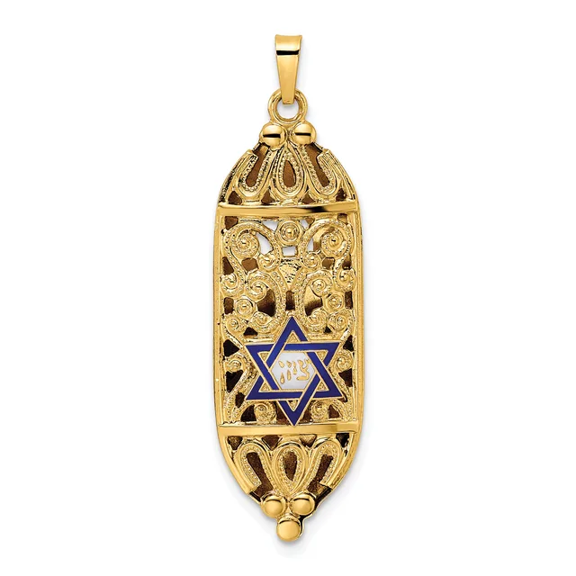 Gold-toned ornate pendant with filigree detailing and a blue Star of David in the center, featuring decorative elements at top and bottom.