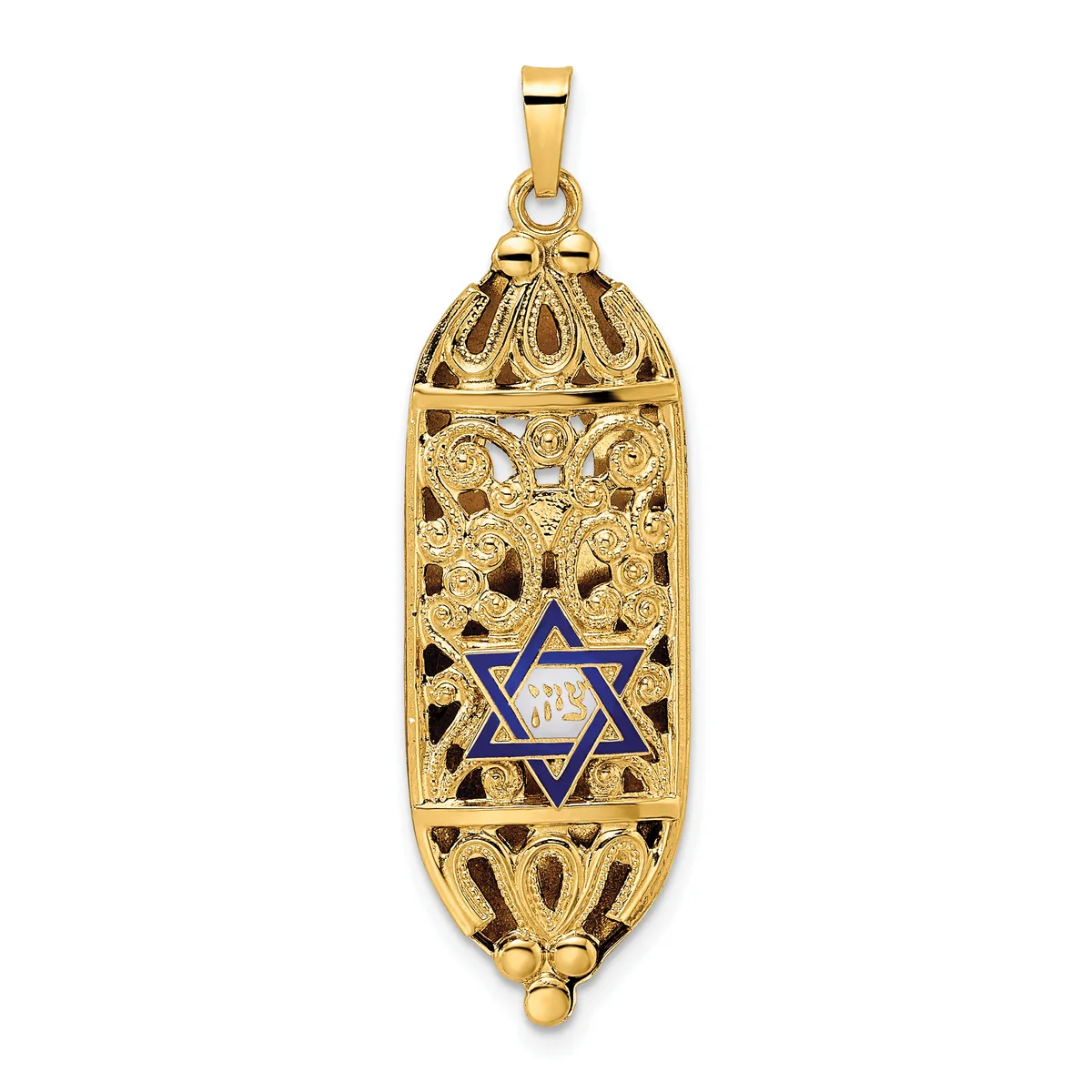 Gold-toned ornate pendant with filigree detailing and a blue Star of David in the center, featuring decorative elements at top and bottom.