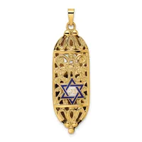 Gold-toned ornate pendant with filigree detailing and a blue Star of David in the center, featuring decorative elements at top and bottom.
