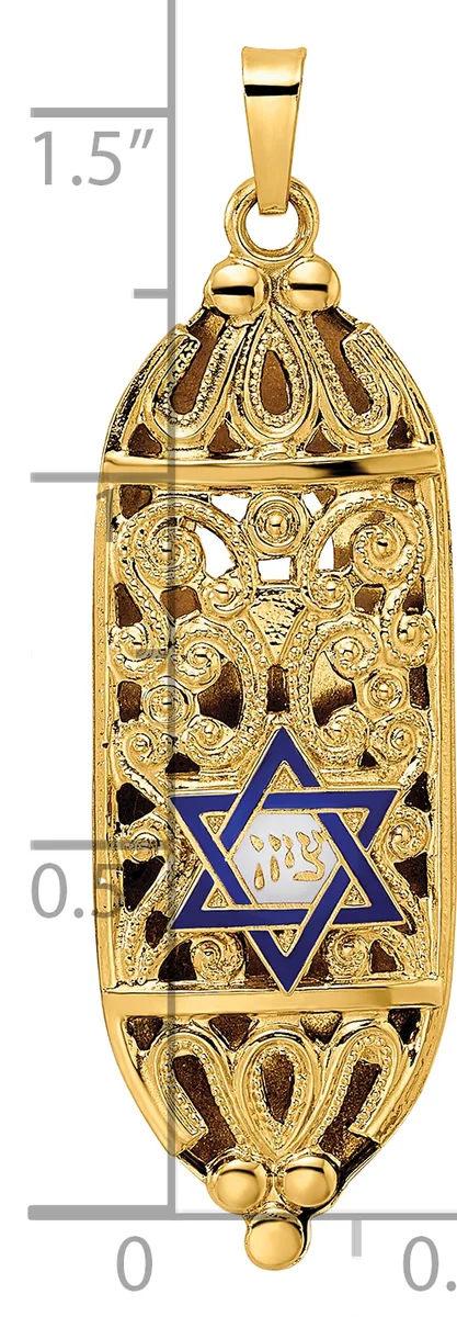 Gold filigree pendant with blue Star of David in center, ornate scrollwork design, shown with measurement scale indicating approximately 1.5 inches in height.