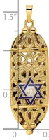Gold filigree pendant with blue Star of David in center, ornate scrollwork design, shown with measurement scale indicating approximately 1.5 inches in height.