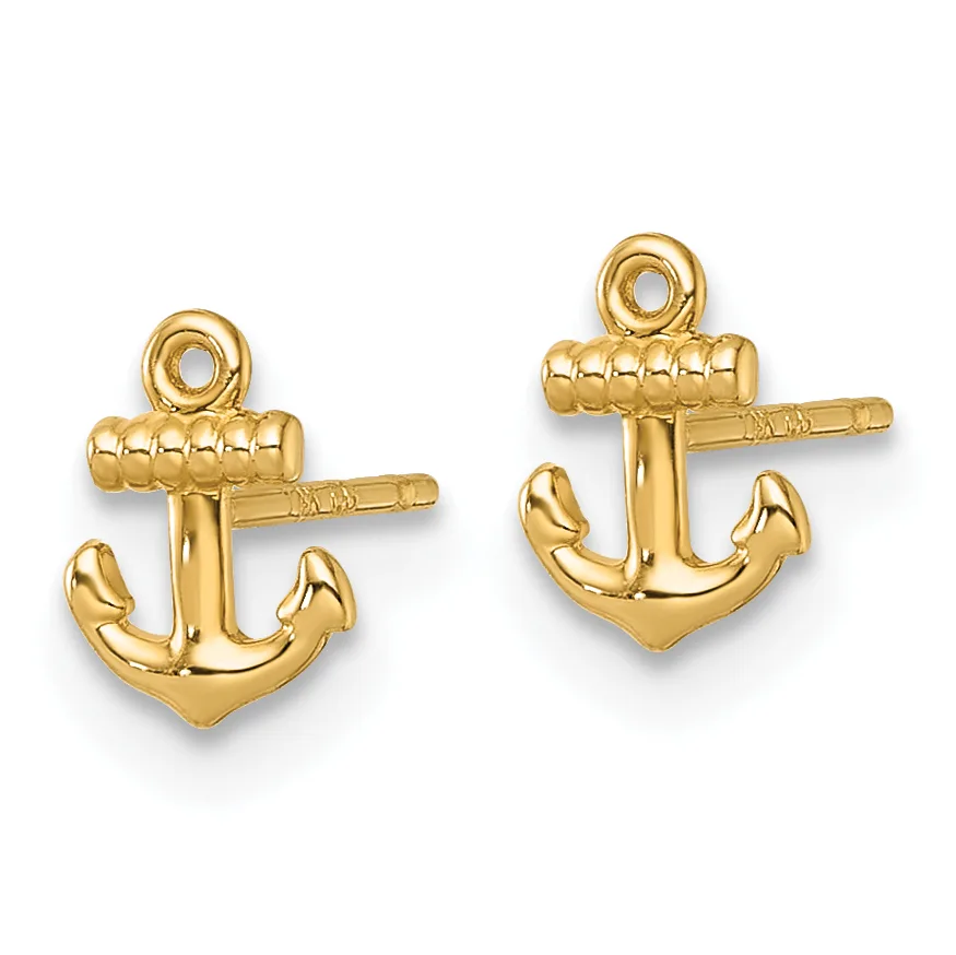 Two gold-colored anchor charms with rope-textured tops and loop attachments, shown against a white background.