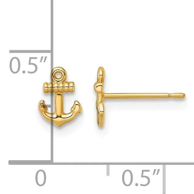 Gold-colored anchor stud earrings shown from front and side views with a measurement scale indicating approximately 0.5 inches in height.