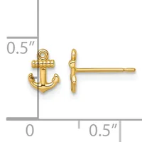 Gold-colored anchor stud earrings shown from front and side views with a measurement scale indicating approximately 0.5 inches in height.