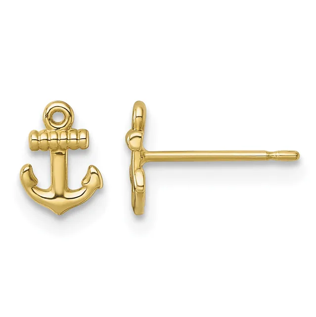 Pair of gold anchor stud earrings shown from front and side views, featuring a rope-textured top and curved flukes.