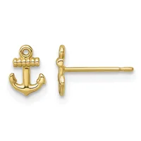 Pair of gold anchor stud earrings shown from front and side views, featuring a rope-textured top and curved flukes.