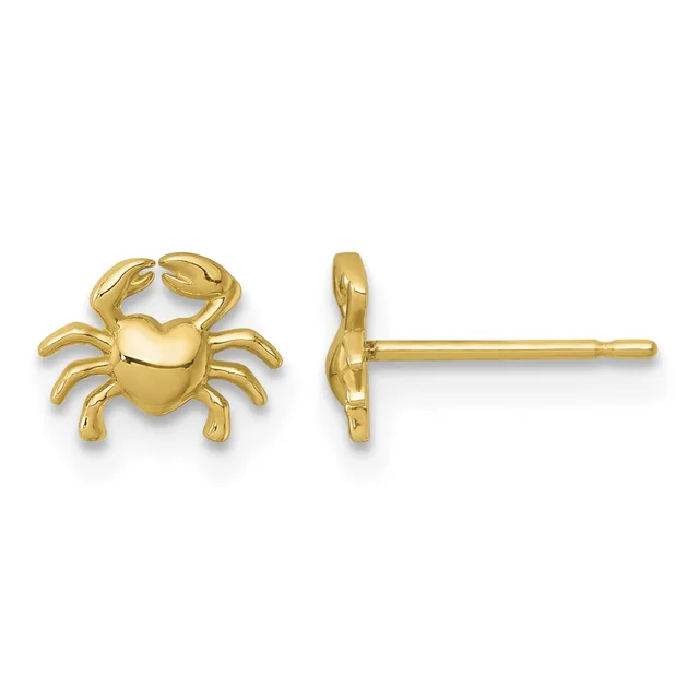 Pair of gold crab-shaped stud earrings shown from front and side views, featuring detailed claws and a polished finish with posts and backs.