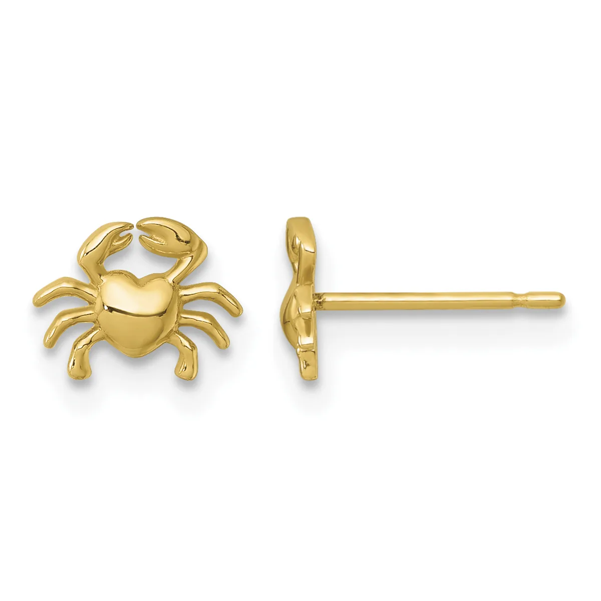 Pair of gold crab-shaped stud earrings shown from front and side views, featuring detailed claws and a polished finish with posts and backs.