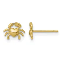Pair of gold crab-shaped stud earrings shown from front and side views, featuring detailed claws and a polished finish with posts and backs.