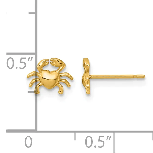 A pair of gold crab-shaped stud earrings shown front and side view next to a measurement scale indicating approximately 0.5 inches in width.