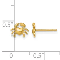 A pair of gold crab-shaped stud earrings shown front and side view next to a measurement scale indicating approximately 0.5 inches in width.