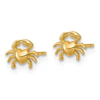 Pair of gold crab-shaped stud earrings with detailed legs and claws, shown from the front against a white background.