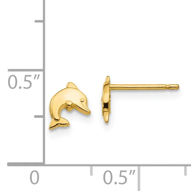 A pair of small gold dolphin stud earrings shown front and back view next to a measurement scale indicating approximately 0.5 inches in height.
