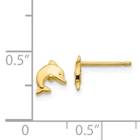 A pair of small gold dolphin stud earrings shown front and back view next to a measurement scale indicating approximately 0.5 inches in height.
