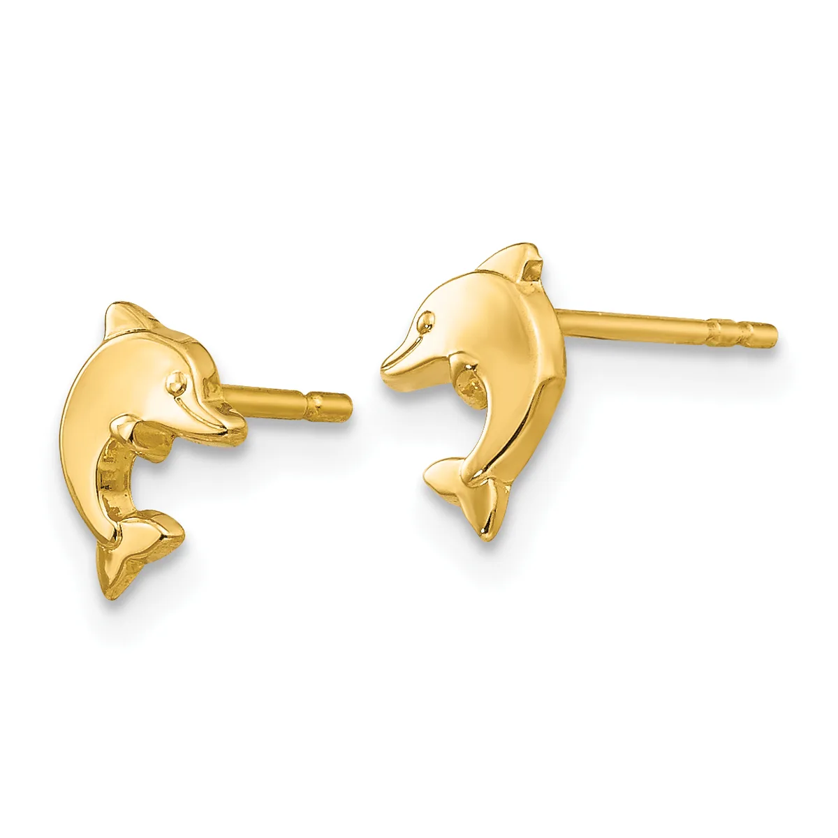 A pair of gold dolphin stud earrings with post backs, shown from the front against a white background.