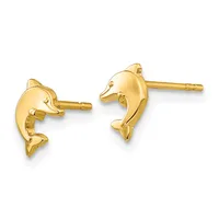 A pair of gold dolphin stud earrings with post backs, shown from the front against a white background.