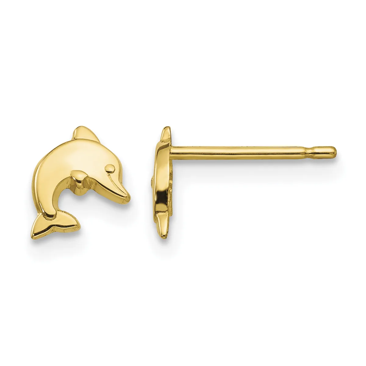 A pair of gold dolphin stud earrings shown from front and side views, featuring polished finish and post backs.