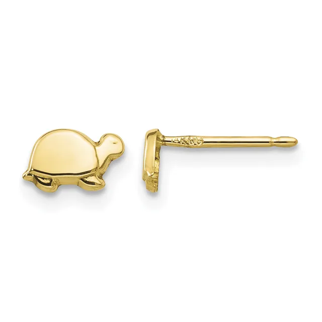 A pair of gold turtle-shaped stud earrings shown from front and side views, with polished domed shells and detailed heads and feet.