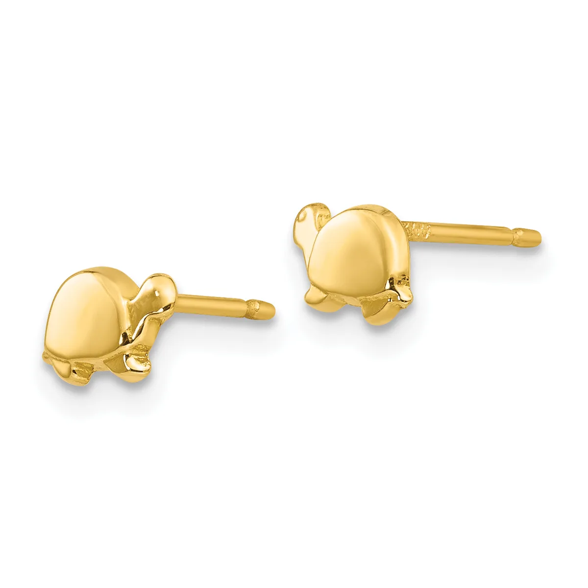 A pair of gold turtle-shaped stud earrings with polished domed shells and small posts, shown from the front and back views.