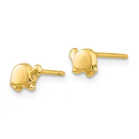 A pair of gold turtle-shaped stud earrings with polished domed shells and small posts, shown from the front and back views.