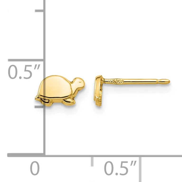 Gold turtle stud earrings shown with a measurement scale indicating approximately 0.5 inches in height and width.