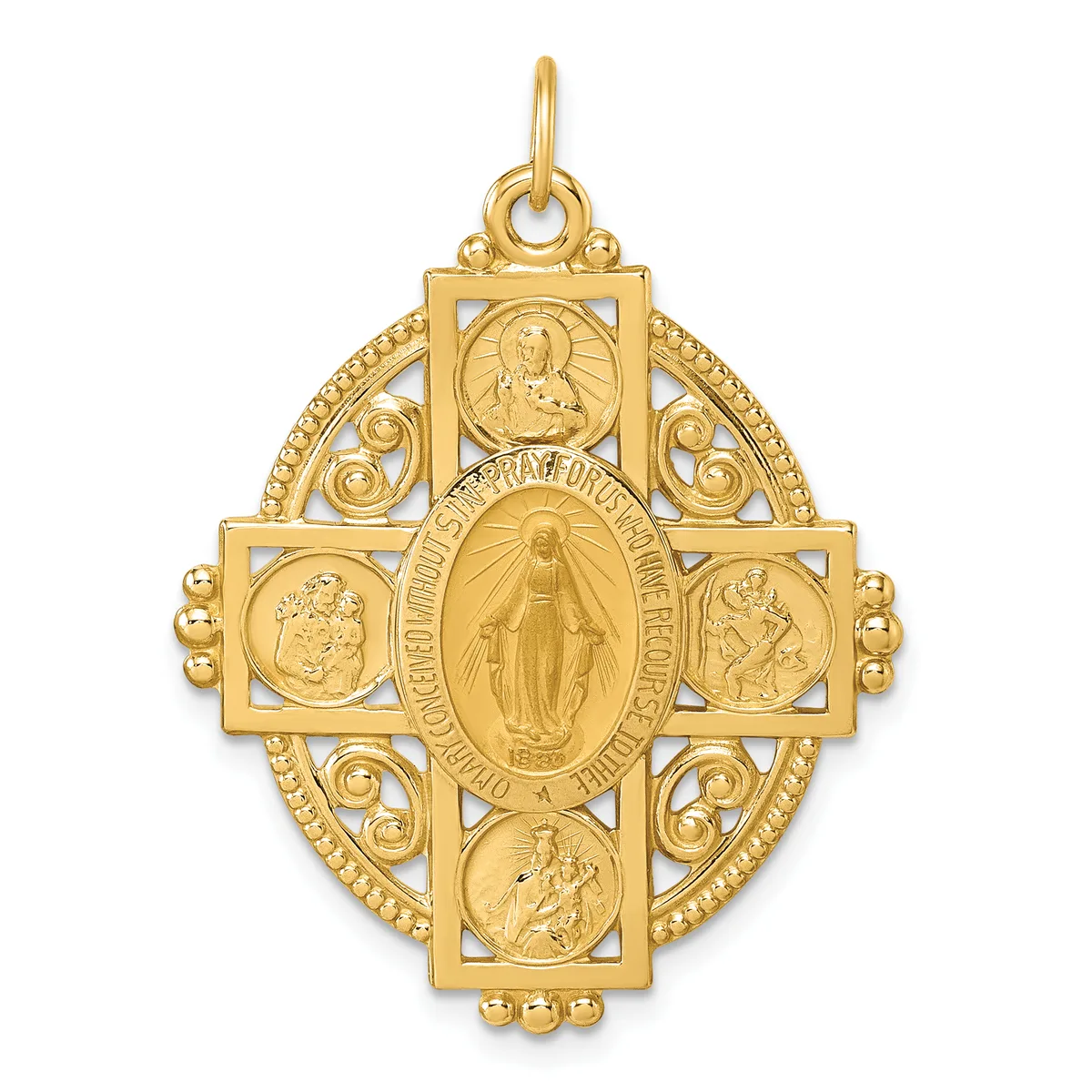 Gold four-way medal pendant with central oval showing Virgin Mary surrounded by four square sections containing saints, ornate scrollwork border, and small hallmark.