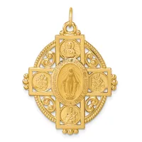 Gold four-way medal pendant with central oval showing Virgin Mary surrounded by four square sections containing saints, ornate scrollwork border, and small hallmark.