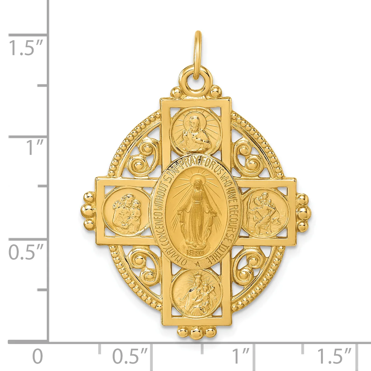 Gold four-way medal pendant with ornate oval frame featuring the Virgin Mary in center surrounded by four saints in square sections, with decorative scrollwork and beaded border.