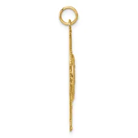 A long, slender gold pendant with textured surface detail hangs from a small circular ring at the top.