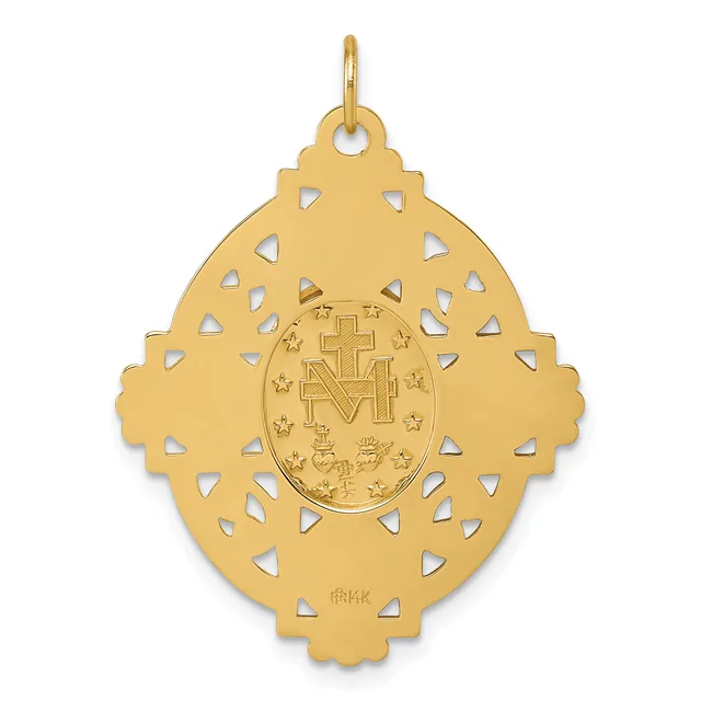 Gold pendant with ornate quatrefoil outline, cutout triangular details, and central oval medallion featuring a cross and small stamped hallmark.