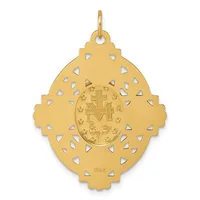 Gold pendant with ornate quatrefoil outline, cutout triangular details, and central oval medallion featuring a cross and small stamped hallmark.