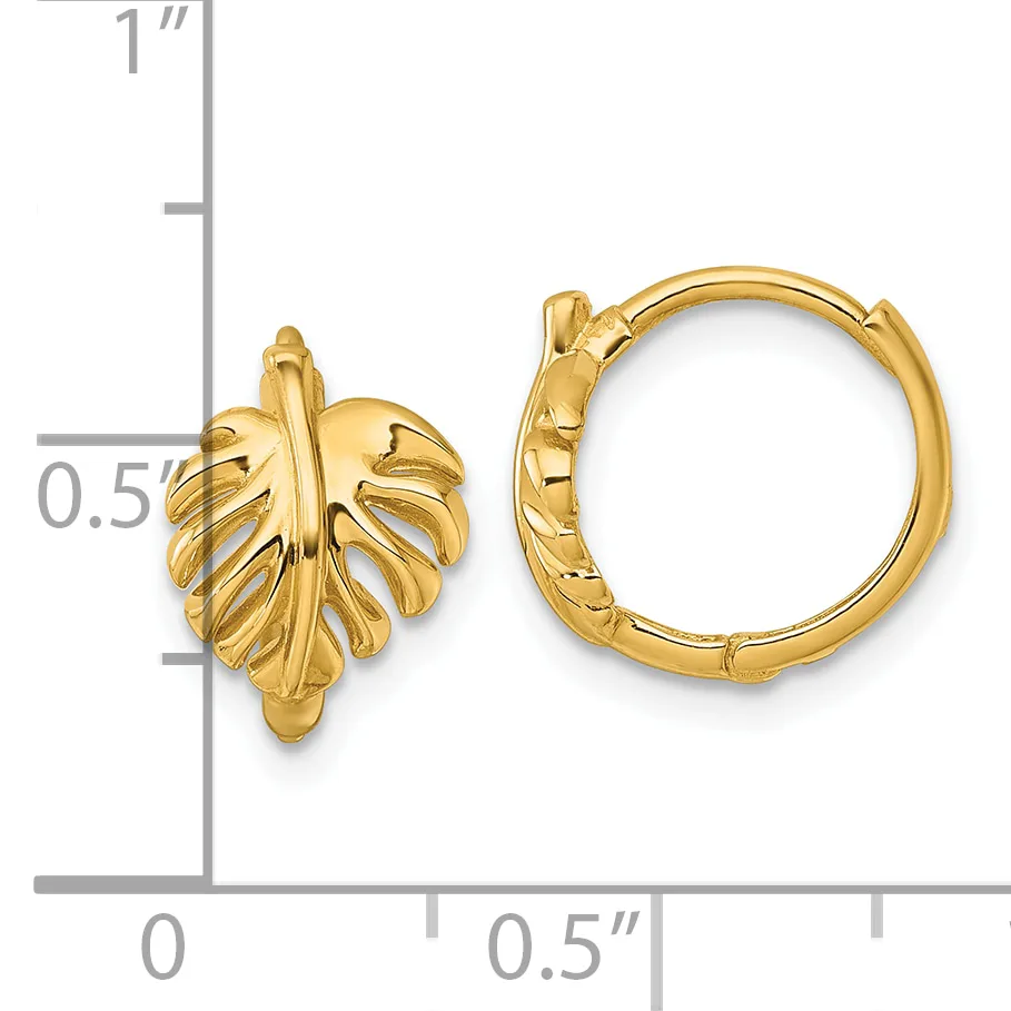 Pair of gold hoop earrings with textured leaf-shaped fronts and smooth rounded backs, shown with measurement scale indicating approximately half-inch width and one-inch height.