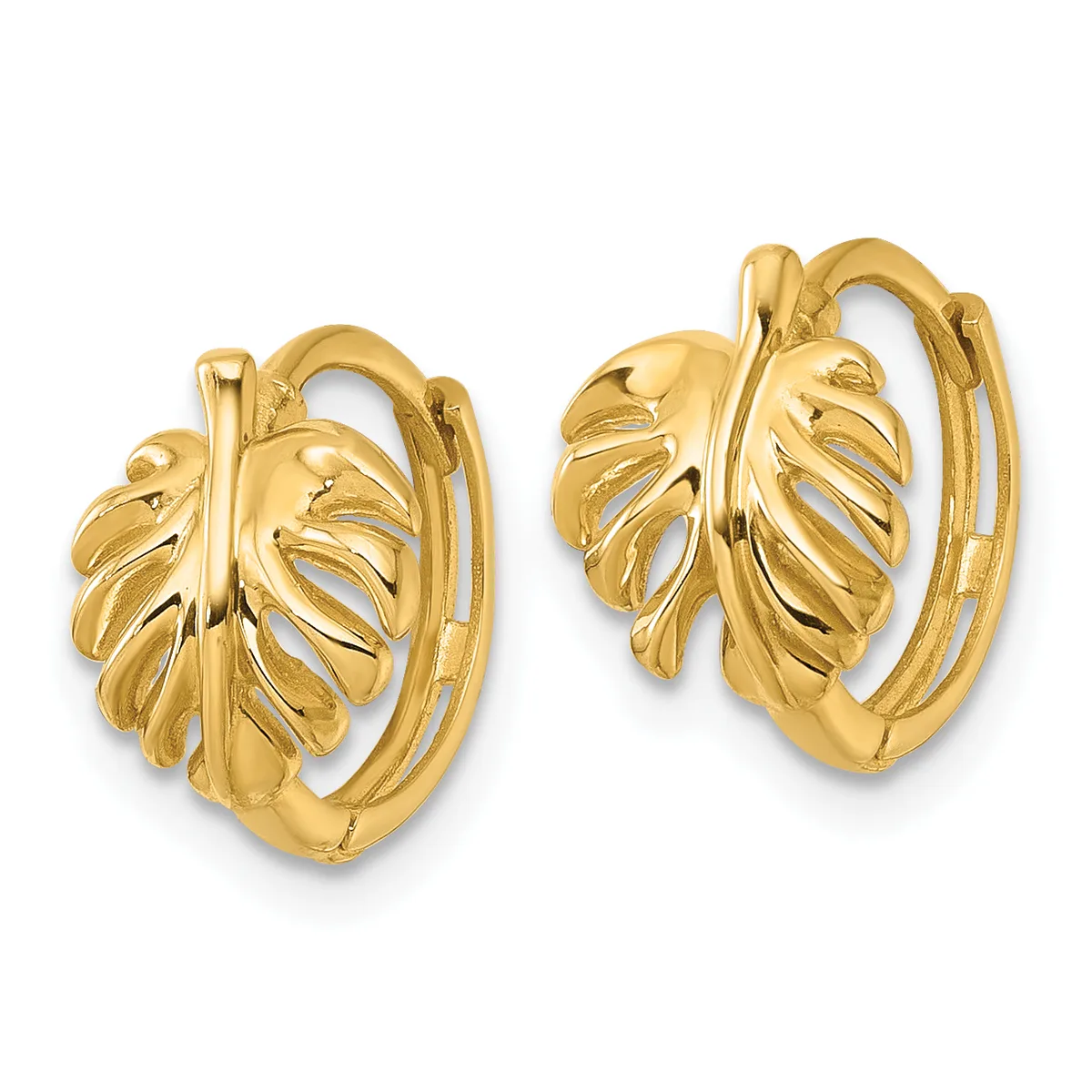 A pair of gold-colored hoop earrings with leaf-shaped decorative elements attached to the front of each hoop.