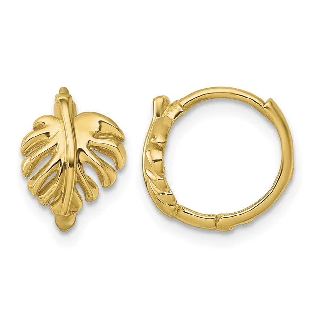 A pair of gold hoop earrings with textured leaf-shaped fronts and polished rounded backs, shown from front and side views.
