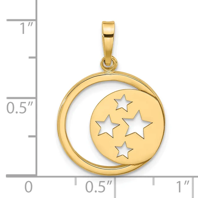 Gold pendant featuring a circular design with a crescent moon cutout and four star cutouts arranged on the disc, shown next to a measurement scale.