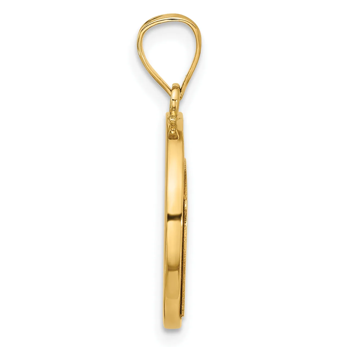 A gold-toned teardrop-shaped pendant with a polished finish hanging from a matching bail against a white background.