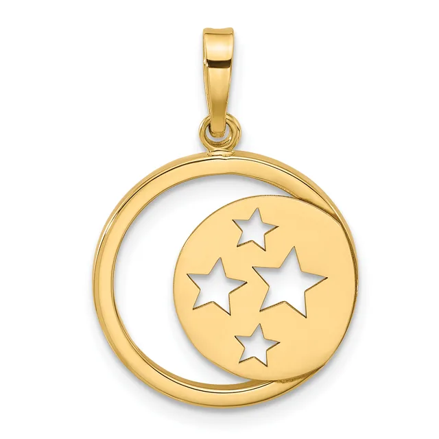 Gold pendant featuring a circular frame with a disc inside decorated with four five-pointed stars cut out to reveal white space.