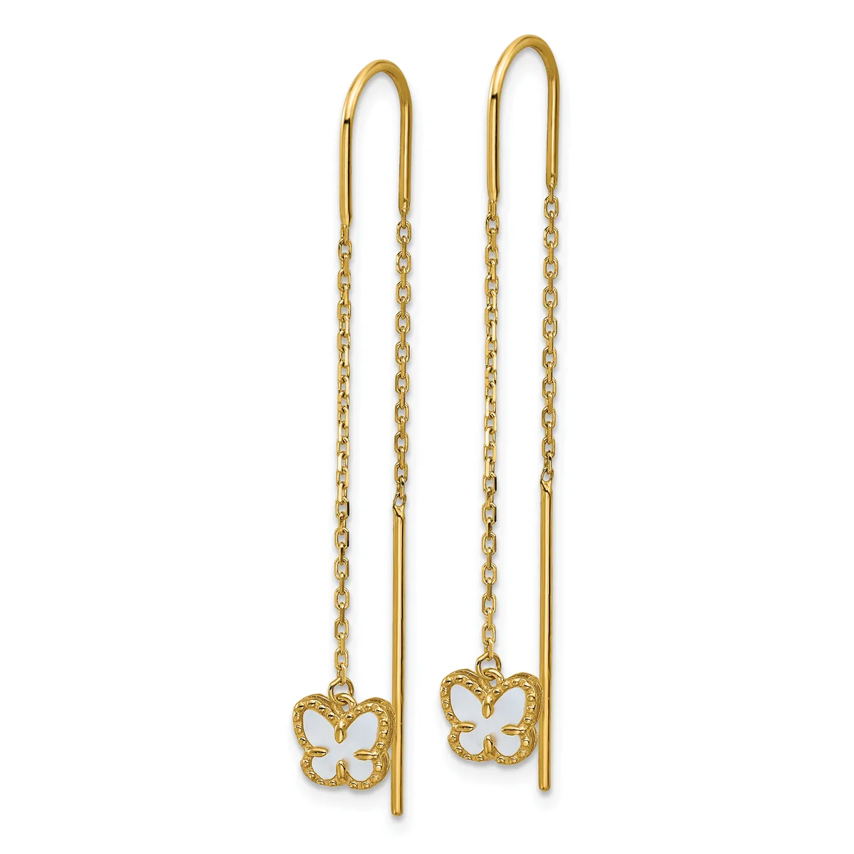 Pair of gold threader earrings with white enamel butterfly charms suspended from delicate chain links.
