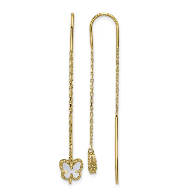 Two gold threader earrings with delicate chain strands, one featuring a small butterfly charm and the other with a decorative bead accent.