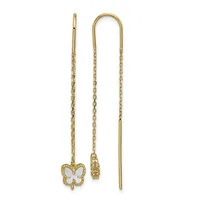 Two gold threader earrings with delicate chain strands, one featuring a small butterfly charm and the other with a decorative bead accent.