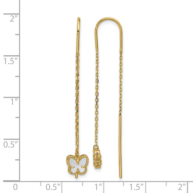 Two gold threader earrings with chain and pendants displayed against a ruler showing measurements up to 2 inches, one with a small butterfly charm and one with a bar drop.