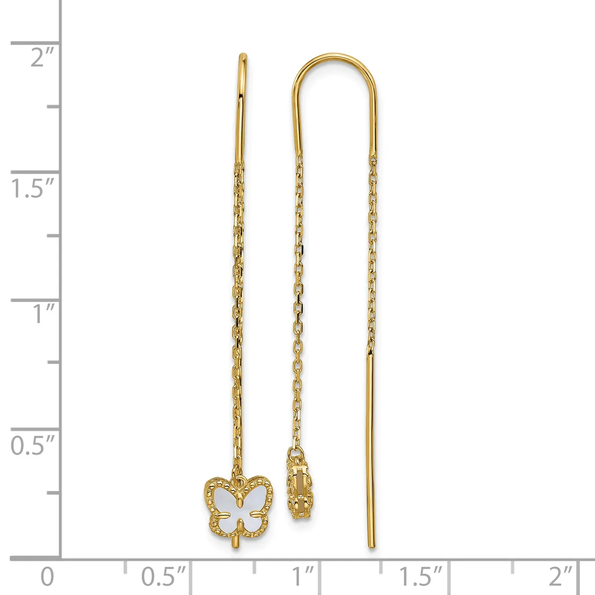 Two gold threader earrings with chain and pendants displayed against a ruler showing measurements up to 2 inches, one with a small butterfly charm and one with a bar drop.