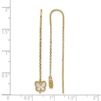 Two gold threader earrings with chain and pendants displayed against a ruler showing measurements up to 2 inches, one with a small butterfly charm and one with a bar drop.
