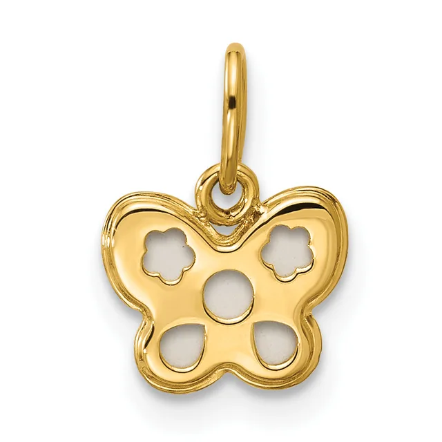 Gold butterfly-shaped pendant with five circular cutouts arranged across the wings and body, suspended from a small loop bail.
