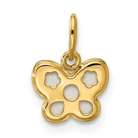 Gold butterfly-shaped pendant with five circular cutouts arranged across the wings and body, suspended from a small loop bail.