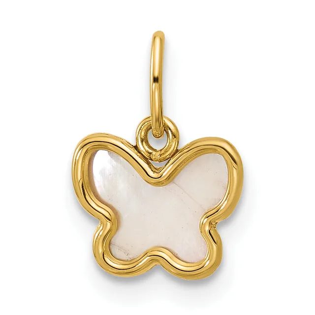 Gold-tone butterfly-shaped pendant with a wavy outline and white mother-of-pearl center, suspended from a matching bail.